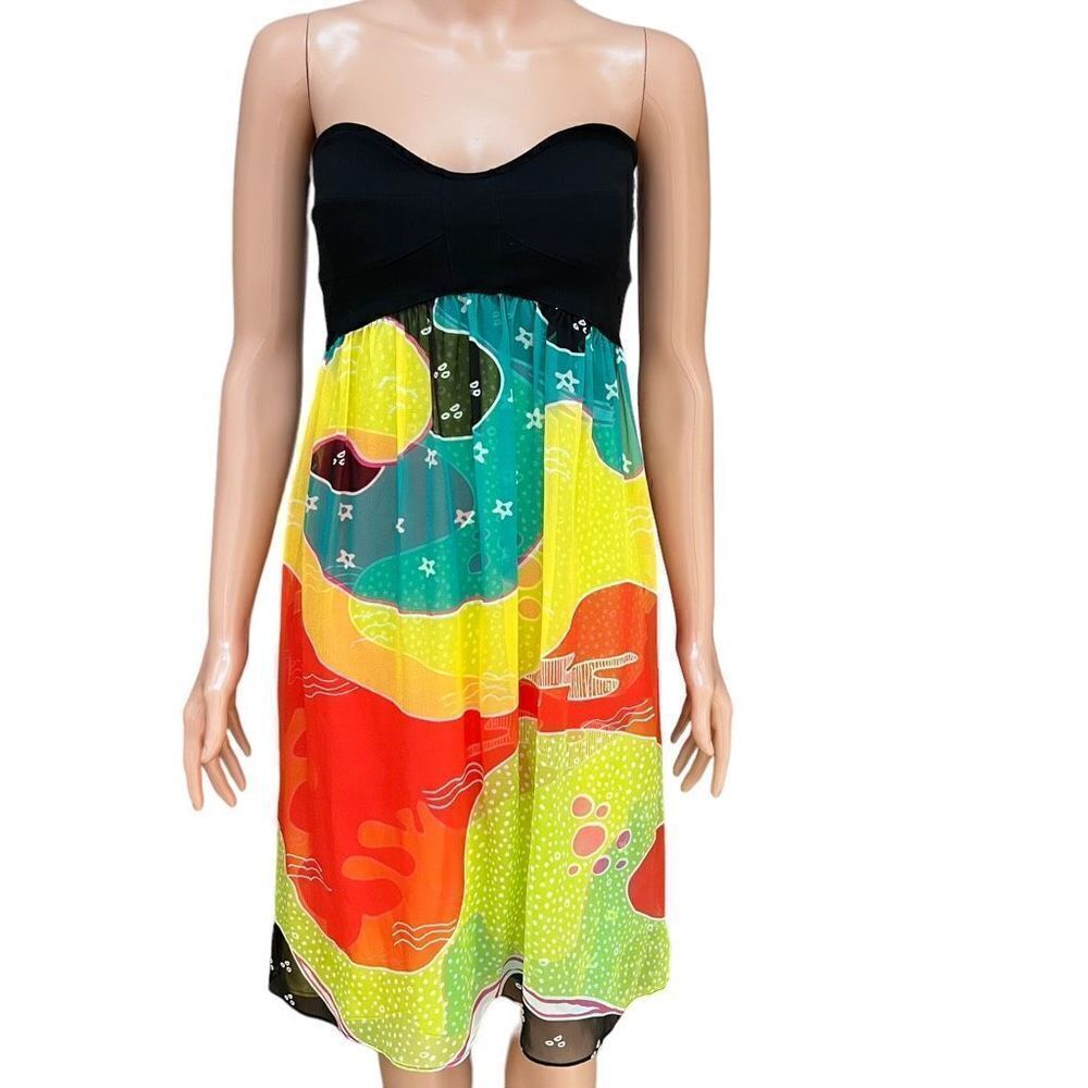 Diane Von Furstenberg DVF Strapless Silk Black Multi-Color Asti Dress size 6